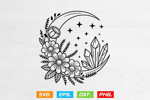 Magic Moon with Crystal Flowers Svg: A Digital Artwork for Creative Expression